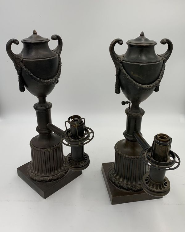 A PAIR OF GEORGE IV PATINATED BRONZE COLZA TABLE LAMPS,