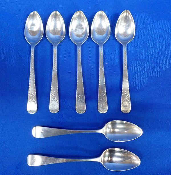 FIVE GEORGE III BRIGHTCUT SILVER TEASPOONS