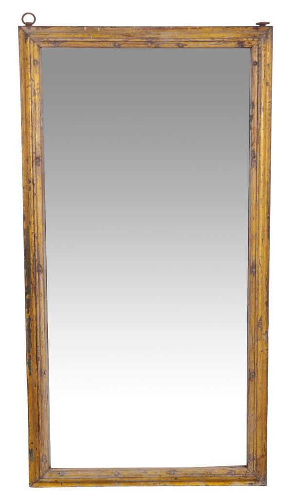 A YELLOW PAINTED AND DISTRESSED MIRROR