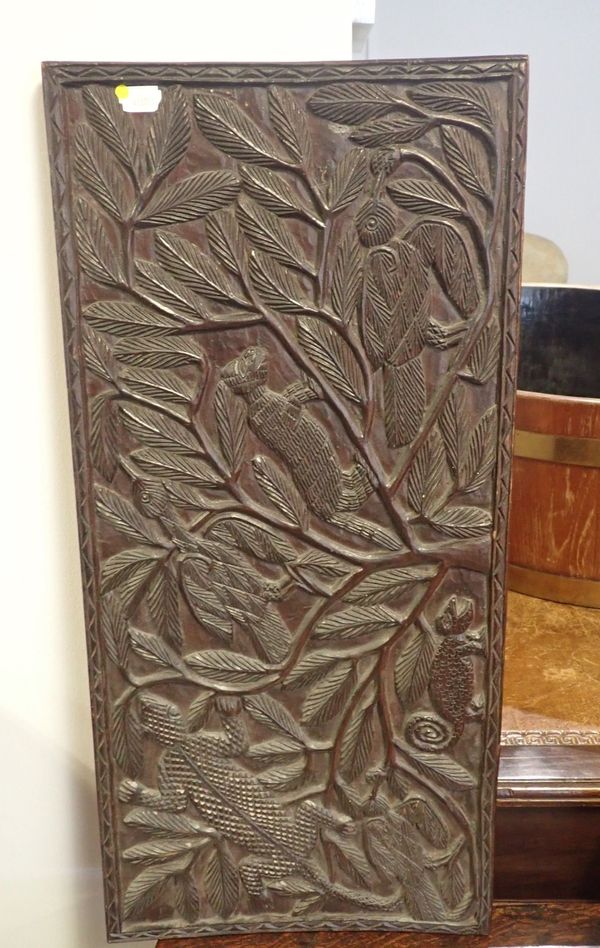 A CARVED MAHOGANY RECTANGULAR PANEL