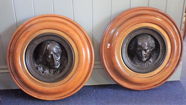 A PAIR OF 19TH CENTURY  BRONZED RELIEF ROUNDELS, SHAKESPERE AND BUNYAN