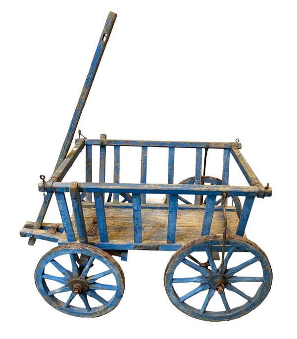 A RUSTIC BLUE-PAINTED LOG CART