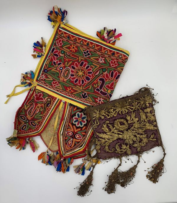 AN EMBROIDERED WIREWORK AND COTTON QURAN BAG, PROBABLY OTTOMAN,