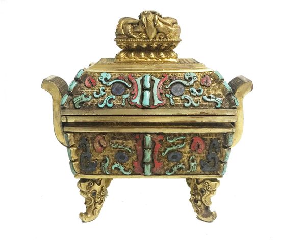 GILT-BRONZE AND HARDSTONE CENSER AND COVER,