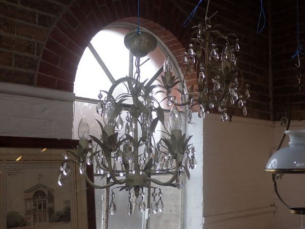 TWO METAL AND GLASS CHANDELIERS