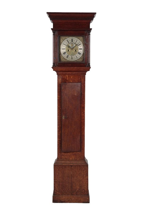 A GEORGE II OAK LONGCASE CLOCK