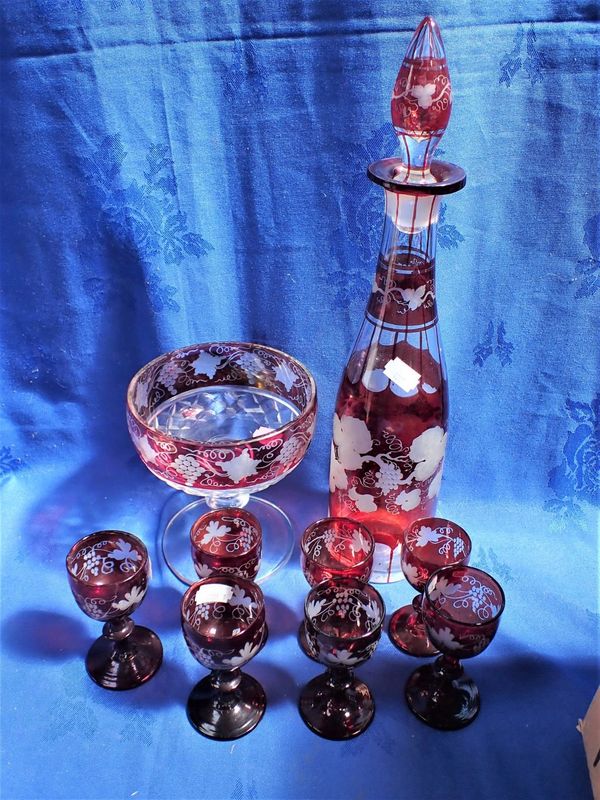 A BOHEMIAN RED FLASHED GLASS LIQUEUR DECANTER