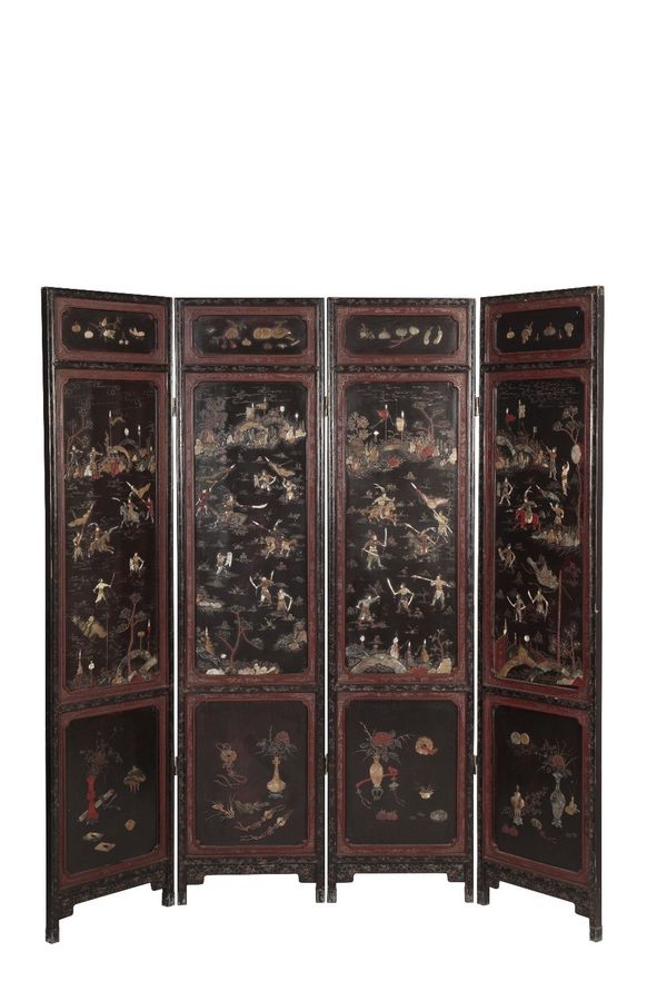 CHINESE BLACK LACQUER AND HARDSTONE SCREEN, QING DYNASTY, 19TH CENTURY