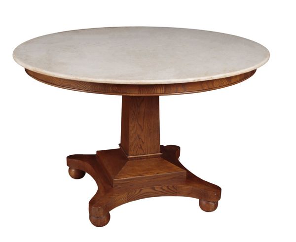 AN OAK AND MARBLE TOPPED CENTRE TABLE