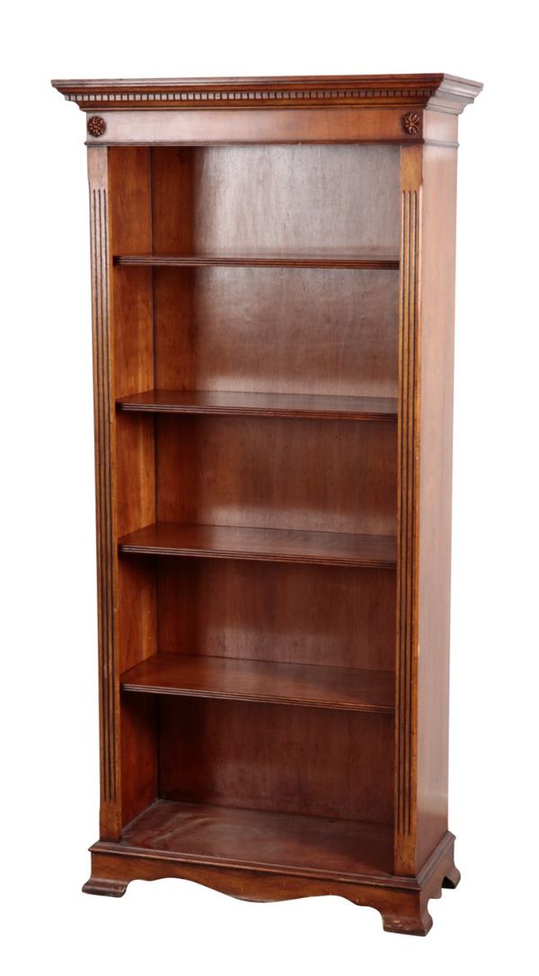 A MAHOGANY AND FRUITWOOD FINISH OPEN FRONT BOOKCASE