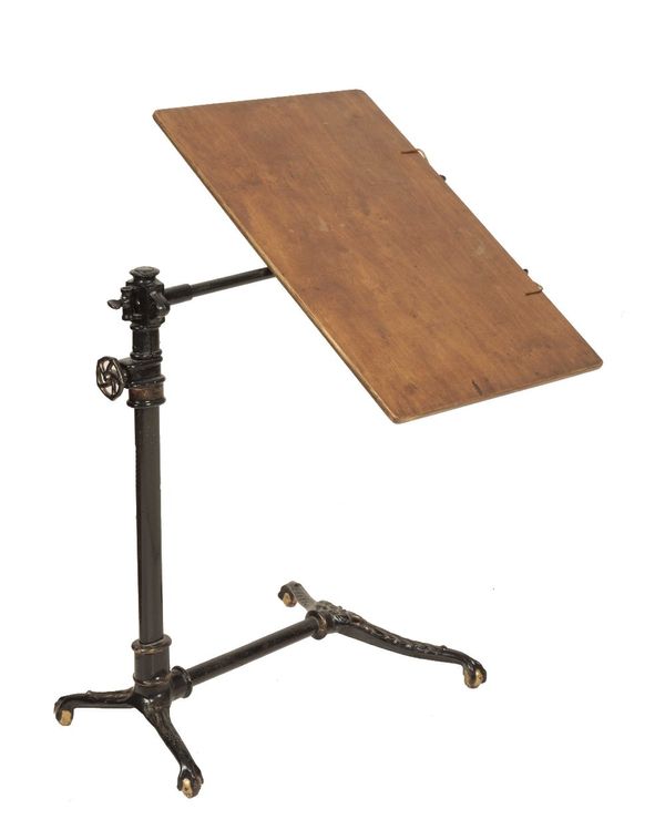 A VICTORIAN FOOT'S PATENT MAHOGANY AND CAST IRON MOUNTED ADJUSTABLE READING STAND,