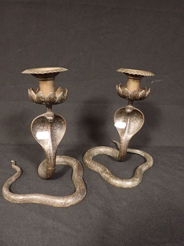 A PAIR OF ‘NIELLO’ BRONZE SNAKE CANDLESTICKS