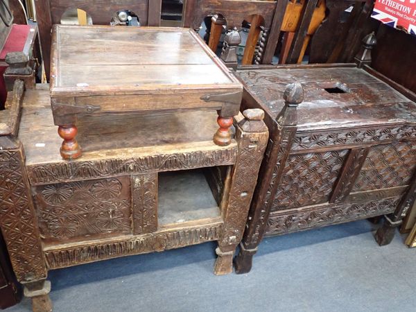 A 19TH CENTURY INDIAN CARVED AND STAINED PINE CUPBOARD