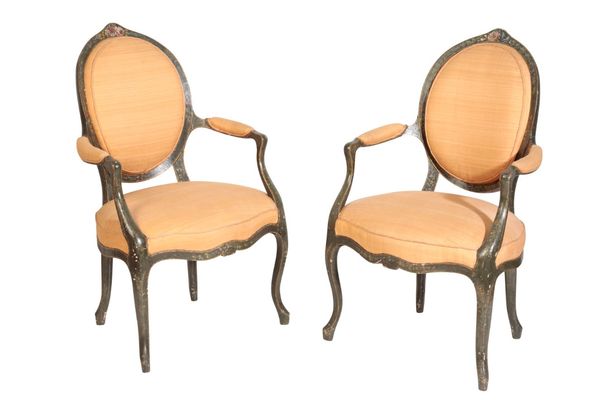 A PAIR OF PAINTED WOOD AND UPHOLSTERED FAUTEUILS, IN LOUIS XV STYLE,