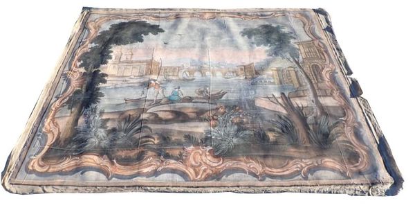 AN 18TH CENTURY STYLE PAINTED CANVAS WALL HANGING