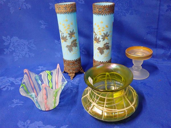 A PAIR OF VICTORIAN BLUE OPAQUE GLASS VASES WITH PRESSED METAL MOUNTS