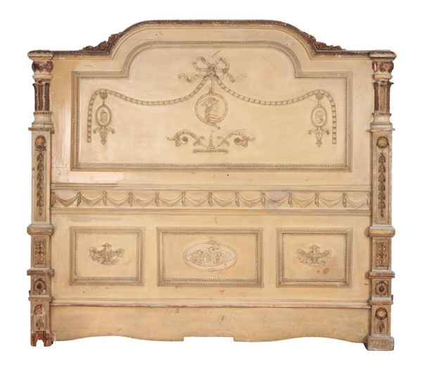 A 19TH CENTURY FRENCH CREAM PAINTED AND PARCEL GILT HEADBOARD