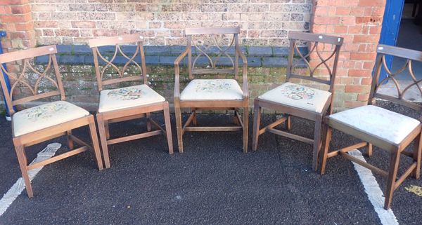 AN ASH KITCHEN TABLE,  AND FIVE MAHOGANY DINING CHAIRS