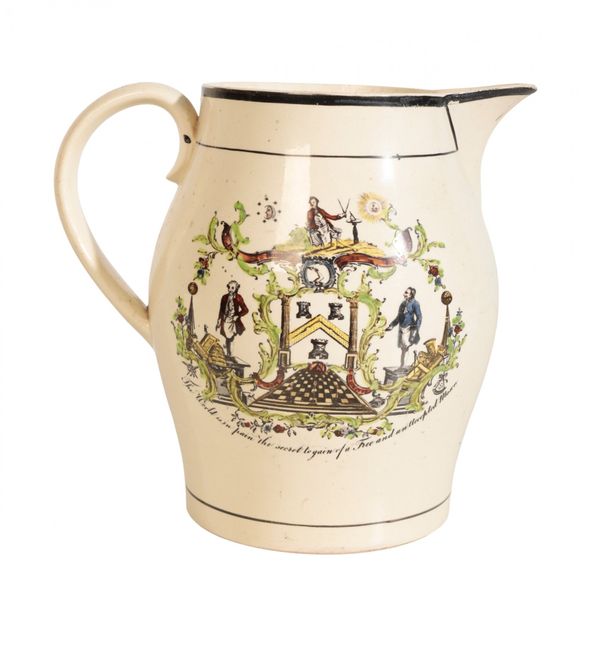 A RARE LATE 18TH CENTURY MASONIC CREAMWARE JUG