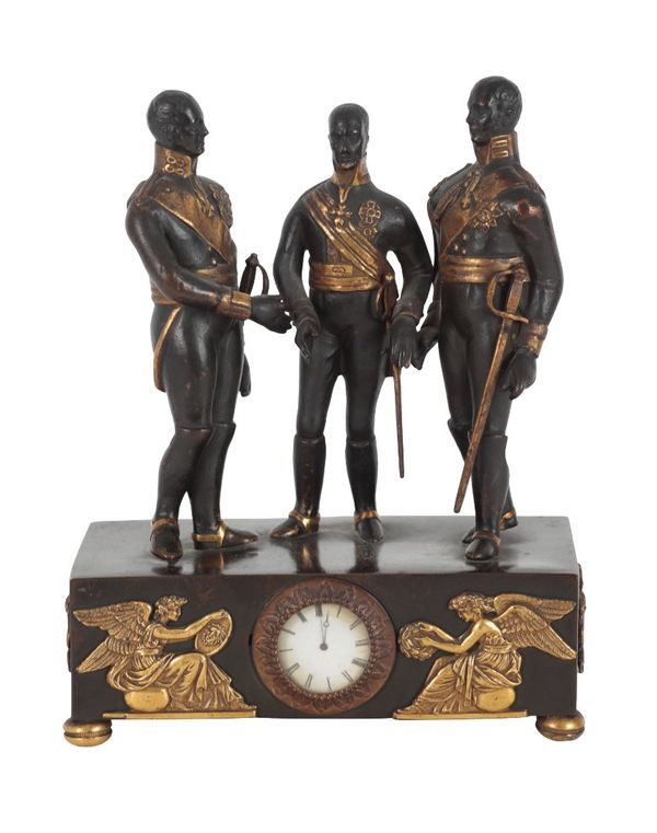 A CONTINENTAL, PROBABLY GERMAN,  BRONZE AND GILT BRONZE TIMEPIECE CLOCK