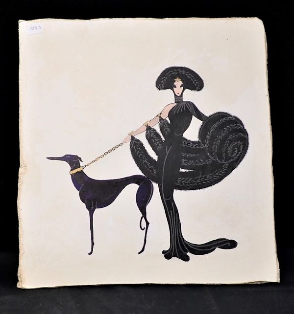 A DRAWING OF AN ART DECO LADY WITH HER DOG