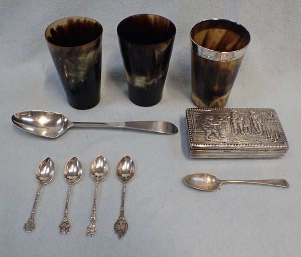 FOUR DECORATED SILVER TEASPOONS AND OTHER SILVER