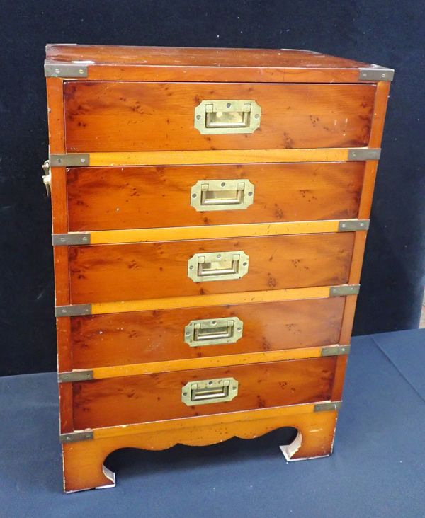 A MILITARY STYLE YEW WOOD CHEST OF FIVE DRAWERS