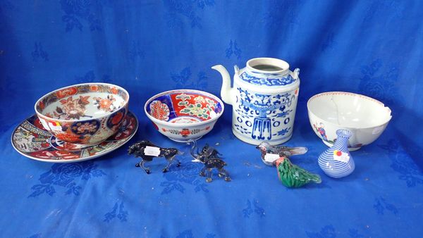 A FAMILLE ROSE BOWL AND A BLUE AND WHITE TEAPOT