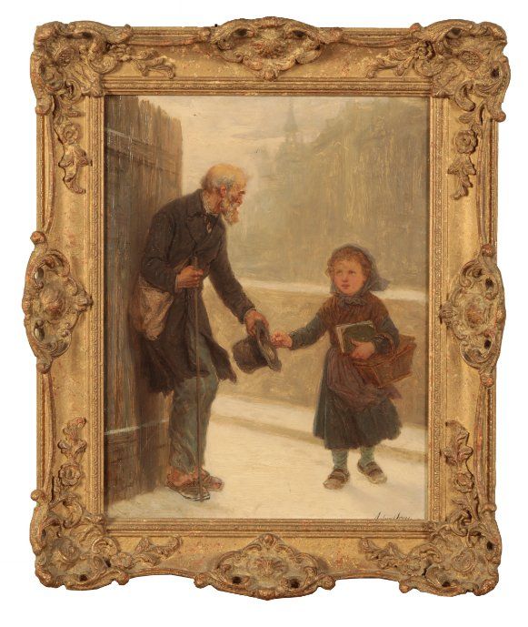 ANTONY SERRES (1828-1898) A young girl giving alms to a beggar