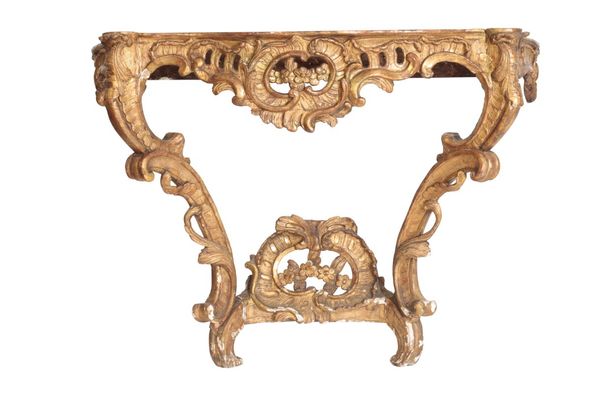 A LOUIS XV CARVED AND GILTWOOD AND MARBLE MOUNTED CONSOLE TABLE,