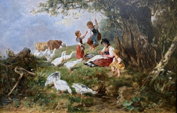 ANTONIO MANTEMEZZO (1841-1898) A famer, some children and a flock of geese under a tree