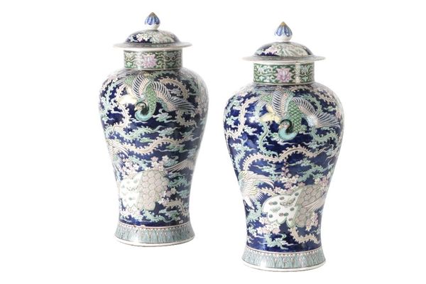 IMPRESSIVE PAIR OF FAMILLE ROSE 'PHOENIX' JARS AND COVERS, QING DYNASTY, 19TH CENTURY