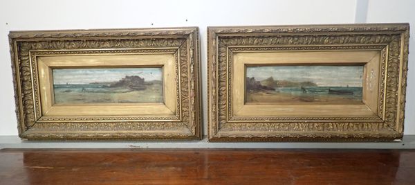 A PAIR OF PAINTINGS DEPICTING A MAN PULLING A BOAT ASHORE