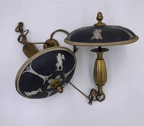 TWO SIMILAR WEDGWOOD PORCELAIN STYLE 'BLACK JASPER' CEILING DISH LIGHTS,