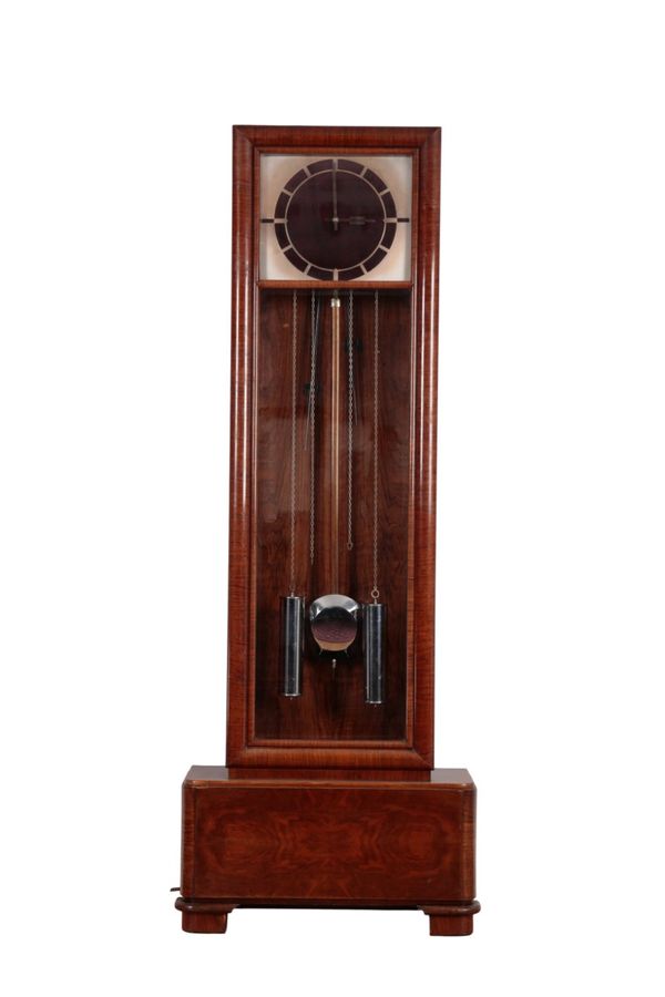 AN ART DECO WALNUT ODEON STLYE LONGCASE CLOCK