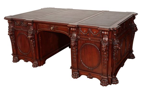 AN IMPRESSIVE MAHOGANY AND LEATHER INSET WRITING TABLE, AFTER 'THE NOSTELL PRIORY DESK',