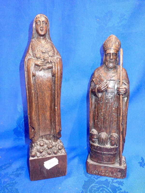 TWO CARVED WOOD FIGURES, ST. MARY AND ST. NICHOLAS