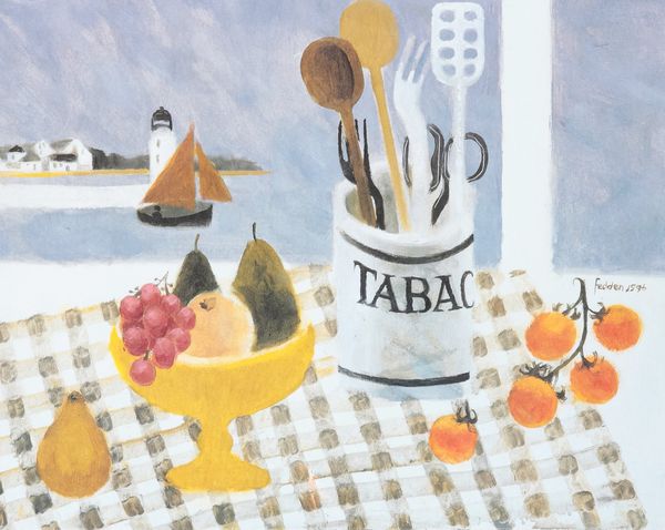 *MARY FEDDEN (1915-2012) Still life of laden table before seascape