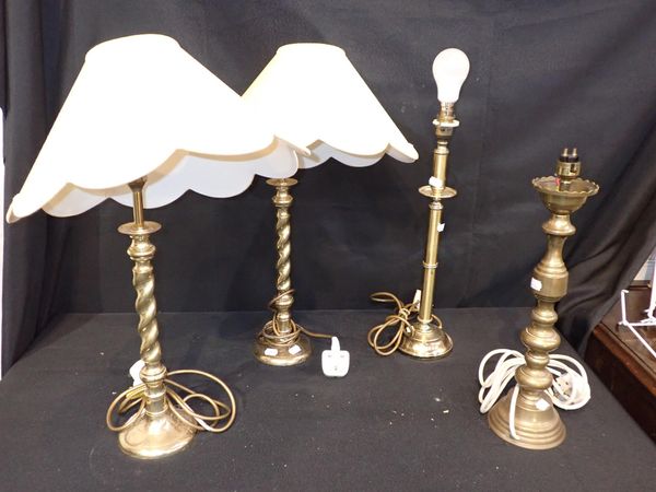 FOUR BRASS CANDLESTICK STYLE TABLE LAMPS