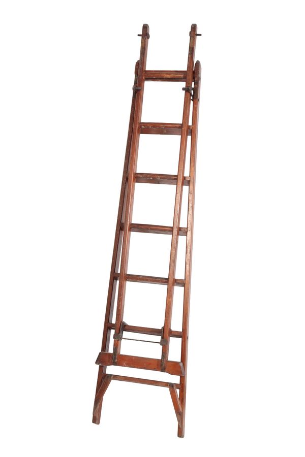 A STAINED OREGON PINE HOUSEKEEPER'S STEP LADDER,