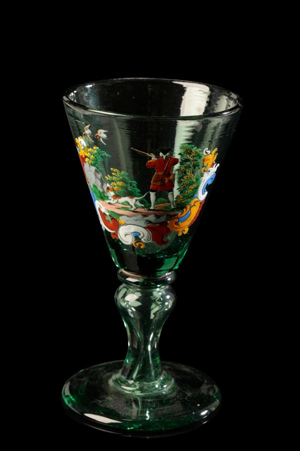 GERMAN GREEN AND POLYCHROME PAINTED DRINKING GLASS, 18TH CENTURY