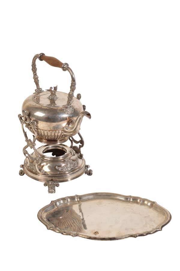 AN ITALIAN SILVER TEAPOT AND BURNER CRADLE,