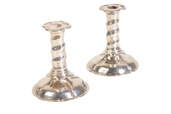 A PAIR OF DUTCH SILVER MINIATURE CANDLESTICKS