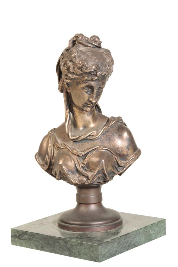 AFTER EUTROPE BOURET, (FRENCH 1833 - 1906), A SILVERED BRONZE BUST OF A MAIDEN,