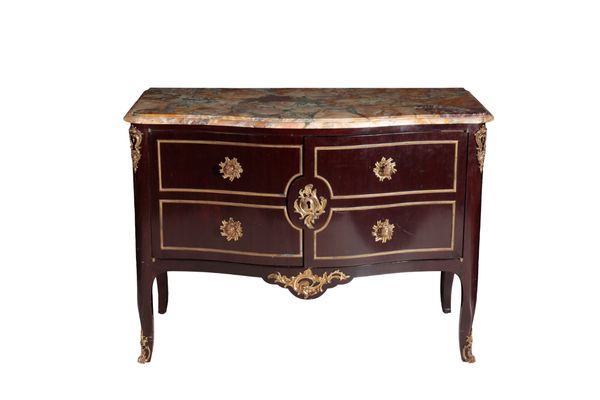 A STAINED HARDWOOD, GILT METAL AND MARBLE MOUNTED SERPENTINE FRONT COMMODE, IN LOUIS XV TASTE,