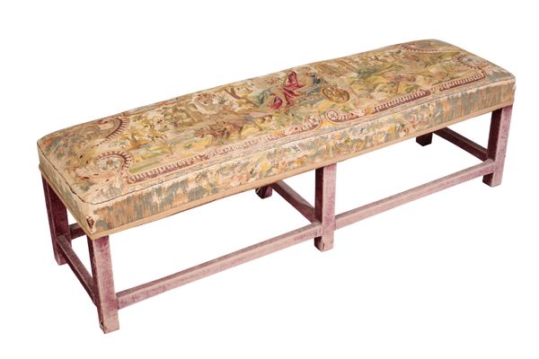 A SILK NEEDLEWORK AND VELVET UPHOLSTERED LONG STOOL,