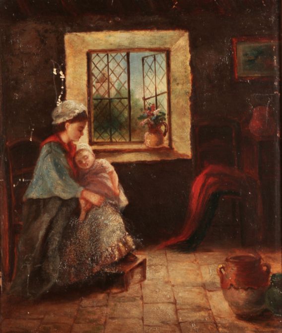 WOMAN AND CHILD BY AN OPEN WINDOW, IN A COTTAGE INTERIOR