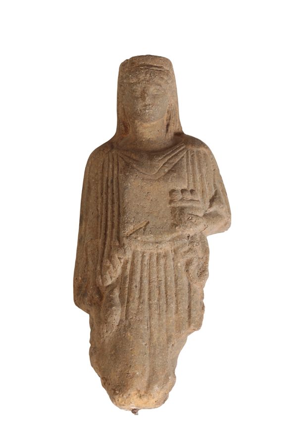 A SCULPTED STONE MODEL OF A MAIDEN WEARING A PEPLOS,