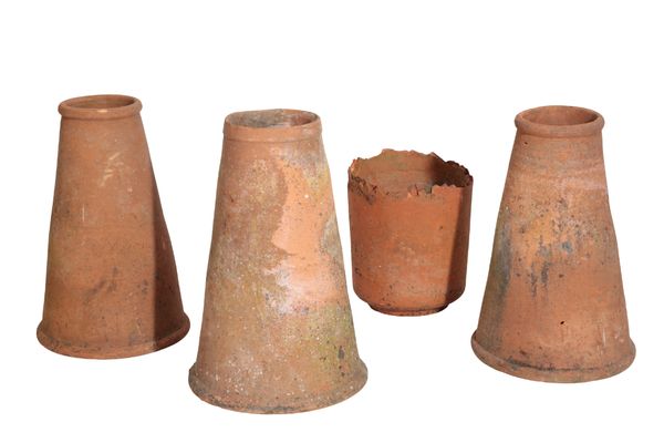 FOUR VARIOUS VICTORIAN TERRACOTTA RHUBARB FORCERS,