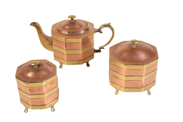 A VICTORIAN COPPER AND BRASS BANDED TEAPOT WITH TWO SIMILAR CADDIES EN SUITE,